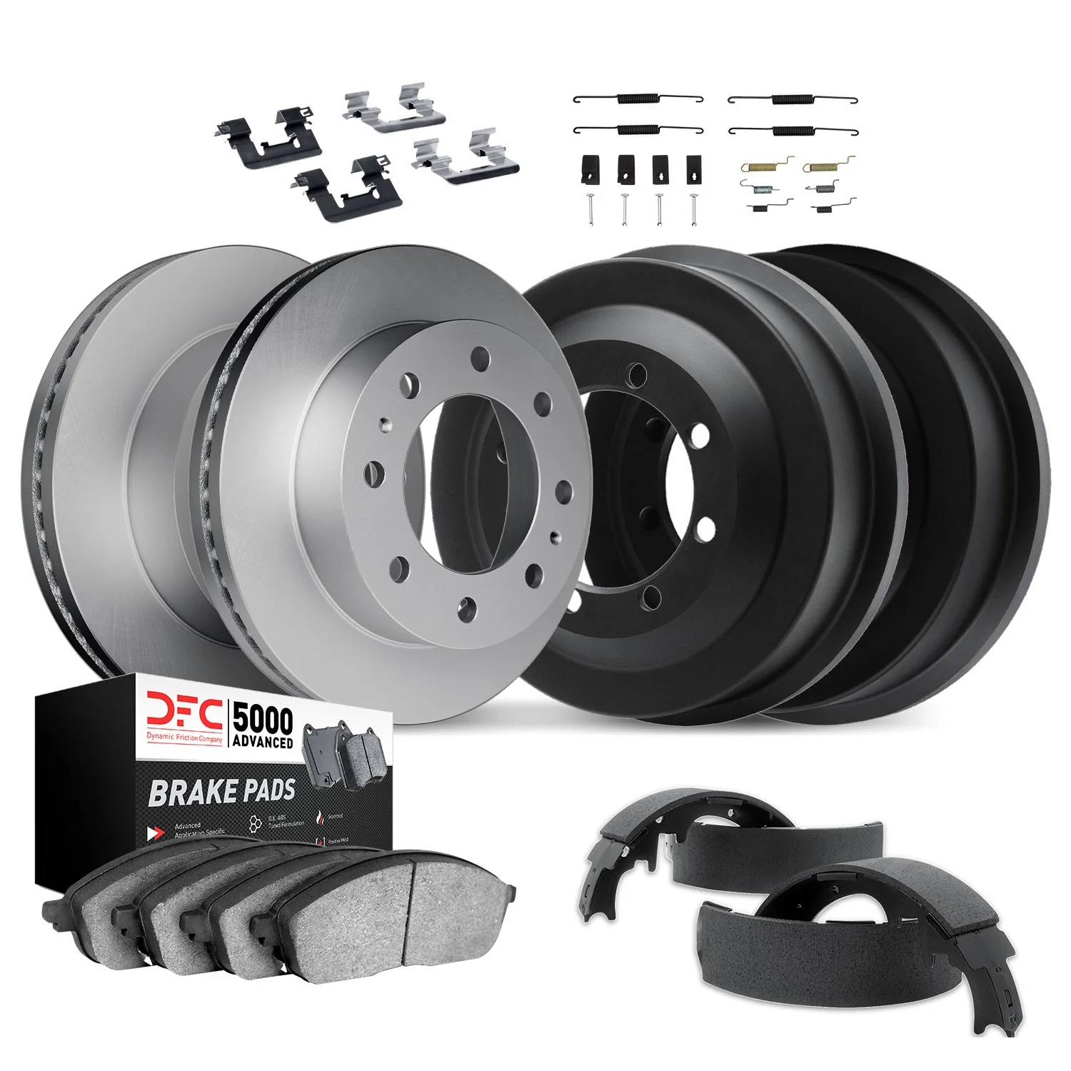 Dynamite Friction 4514-54201 Disc Brake Pad and Rotor / Drum Brake Shoe and Drum Kit - Front and Rear