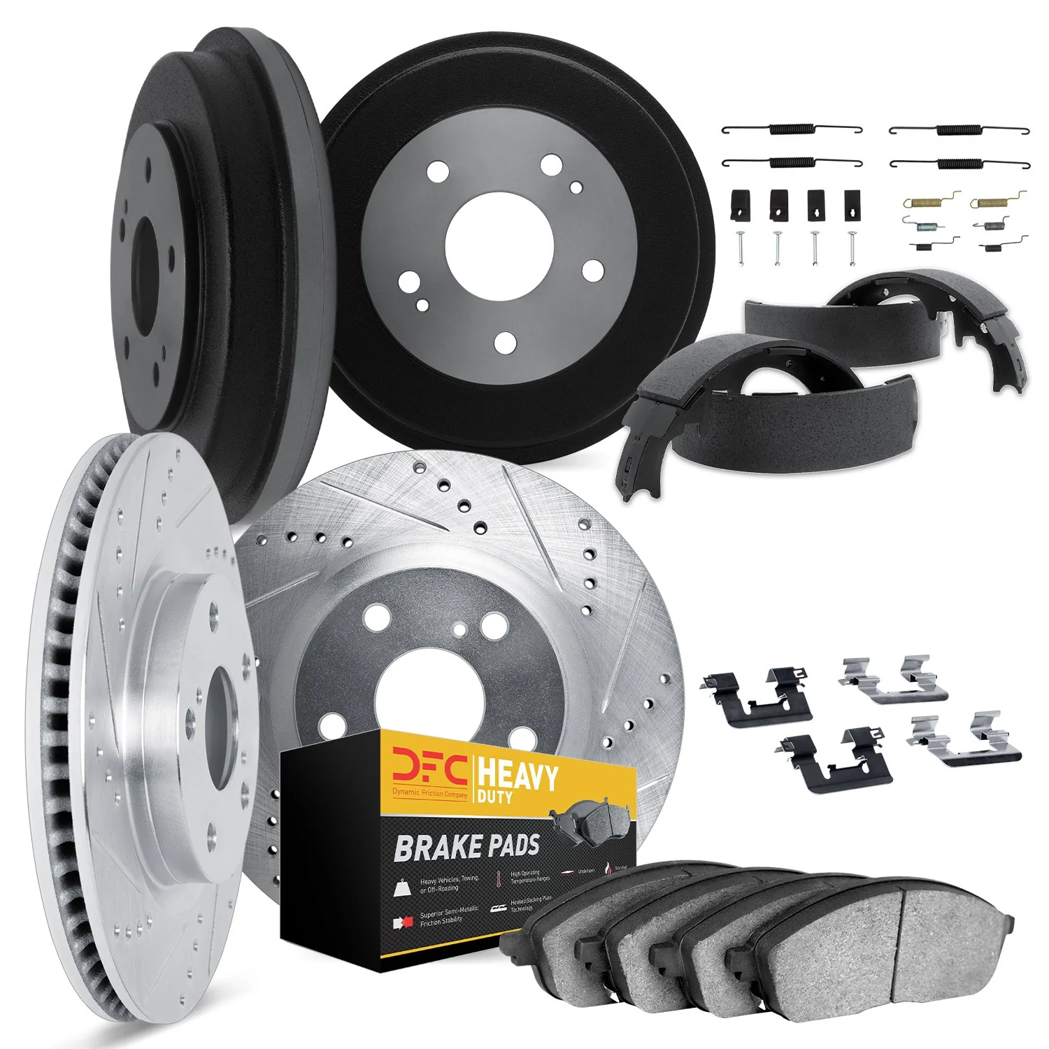 Dynamite Friction 7214-47099 Disc Brake Pad and Rotor / Drum Brake Shoe and Drum Kit - Front and Rear
