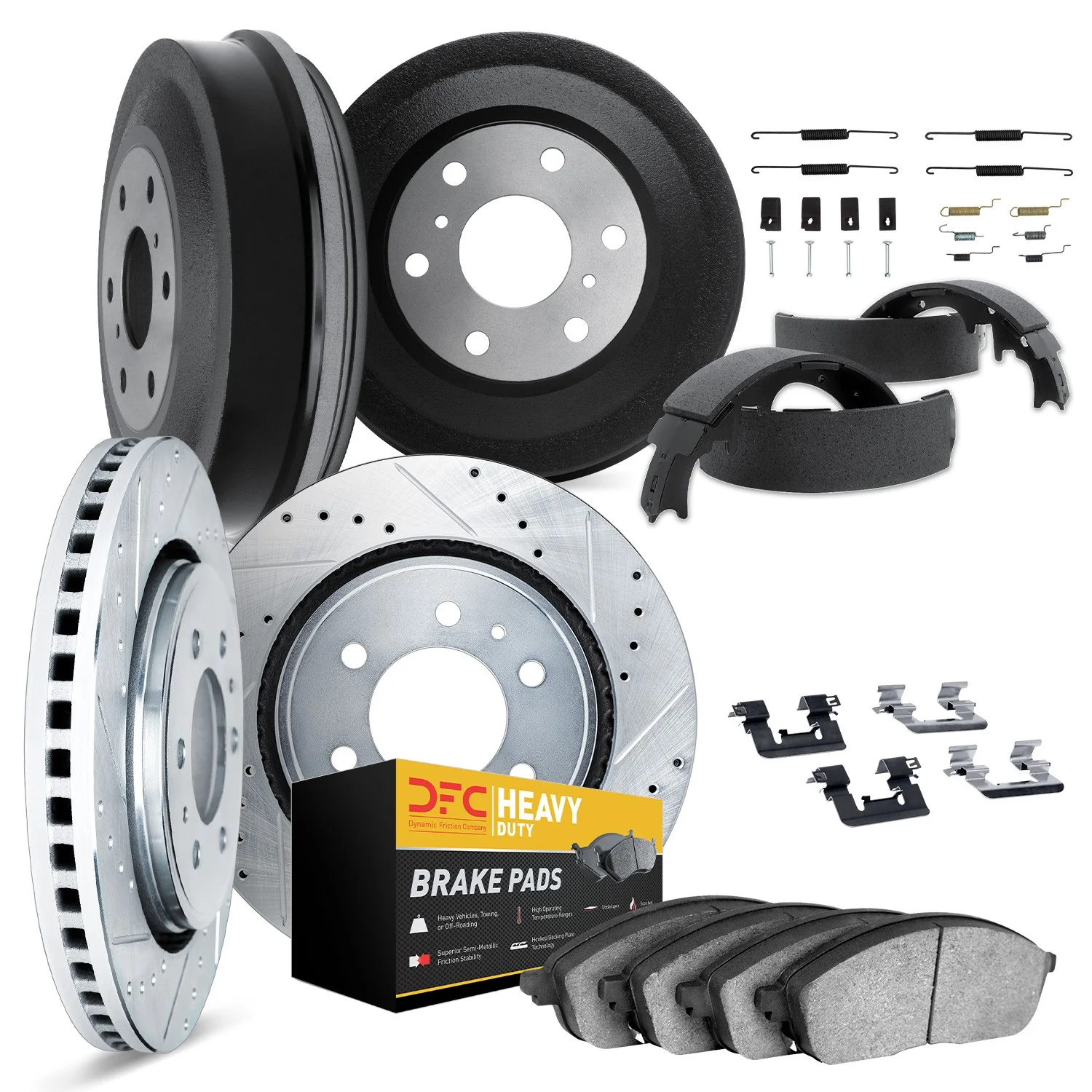 Dynamite Friction 7284-40150 Disc Brake Pad and Rotor / Drum Brake Shoe and Drum Kit - Front and Rear