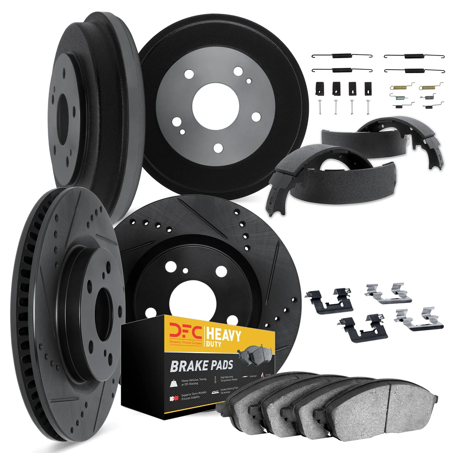 Dynamite Friction 8214-47042 Disc Brake Pad and Rotor / Drum Brake Shoe and Drum Kit - Front and Rear