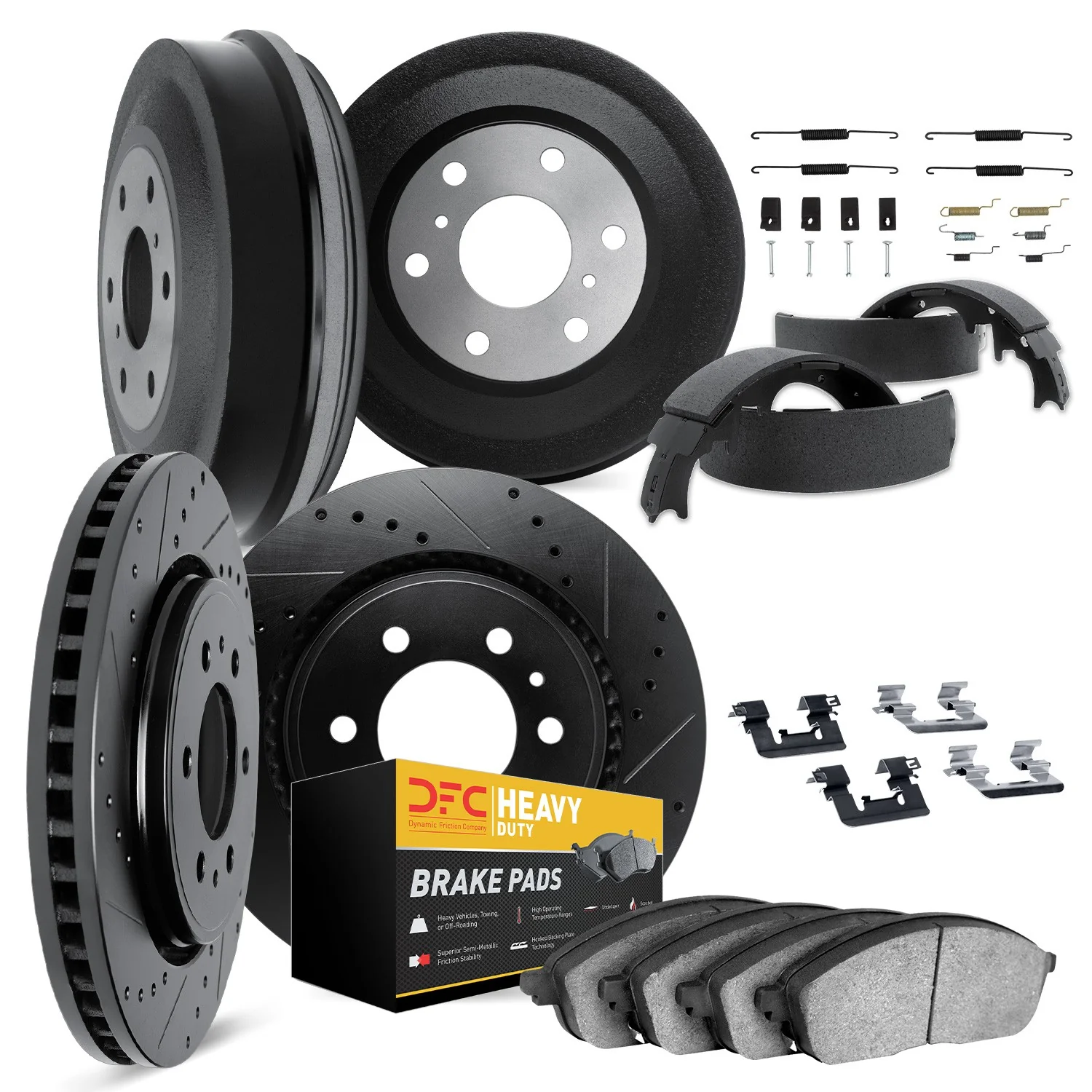 Dynamite Friction 8284-48125 Disc Brake Pad and Rotor / Drum Brake Shoe and Drum Kit - Front and Rear