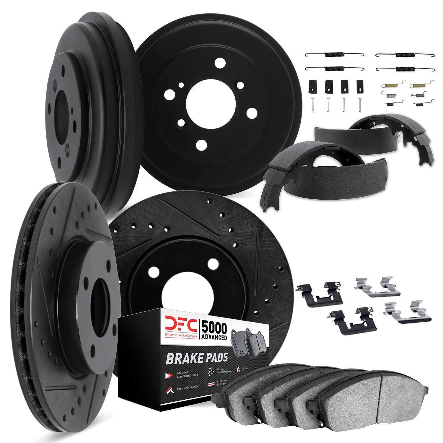 Dynamite Friction 8514-59031 Disc Brake Pad and Rotor / Drum Brake Shoe and Drum Kit - Front and Rear